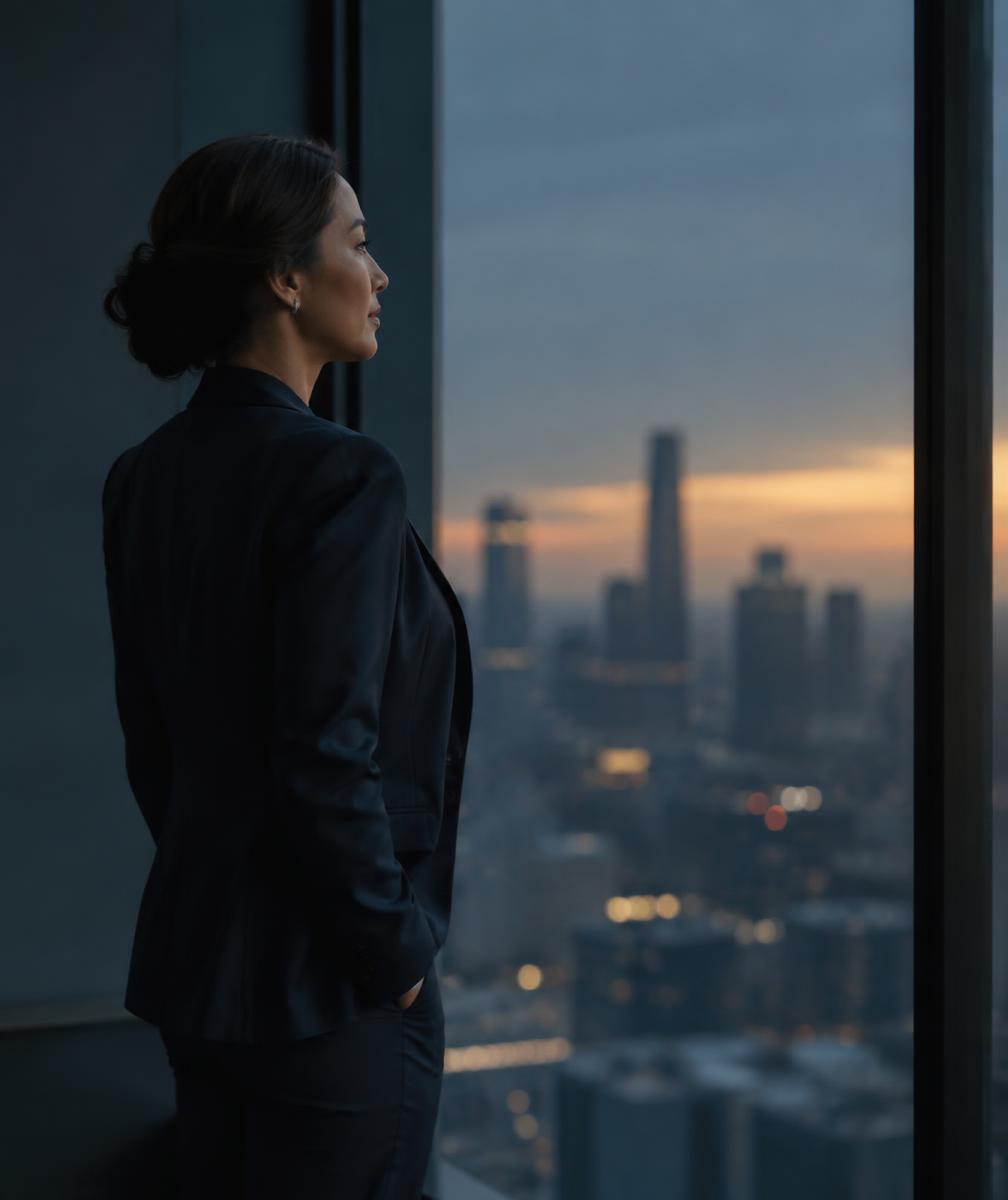 Person looking out over a city at dusk
